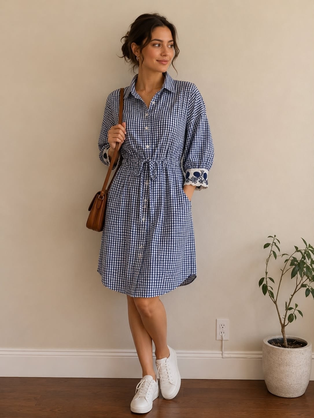 RIANI Blue Gingham Drawstring Shirt Dress